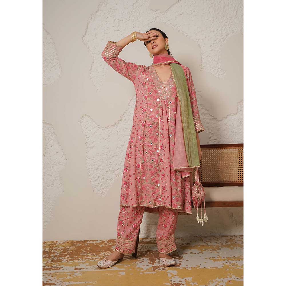 NEMAANI Ira Pink A-Line Kurta with Pant and Dupatta