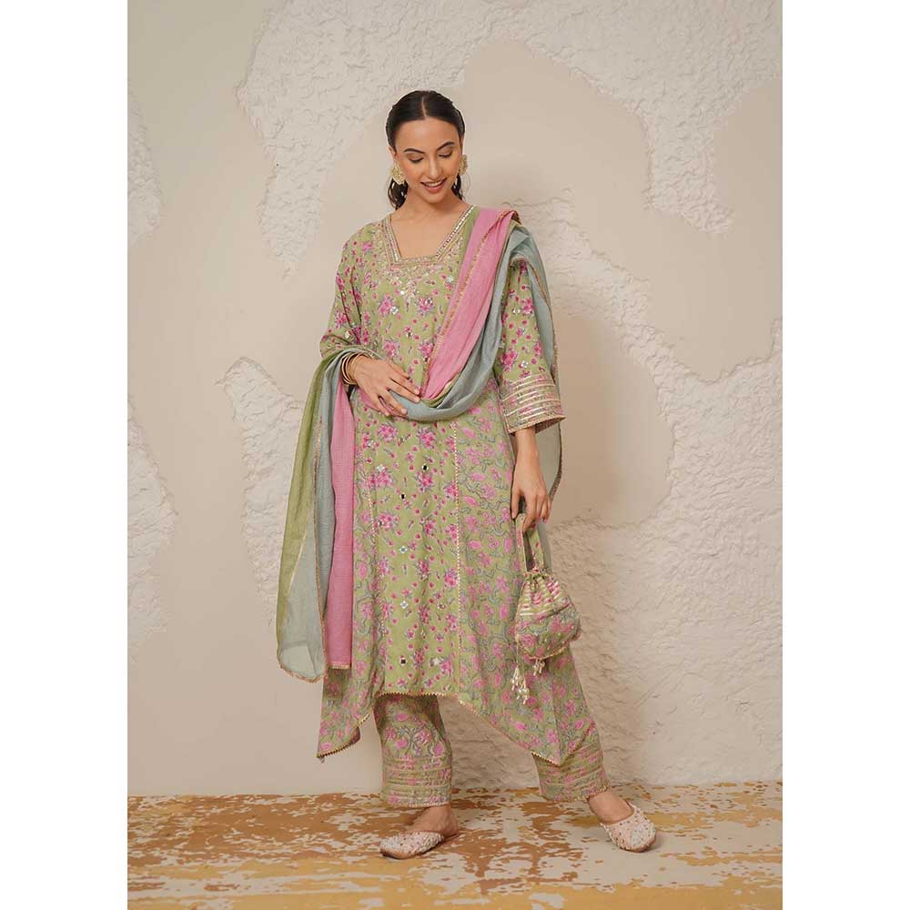 NEMAANI Nayra Green A-Line Kurta with Pant and Dupatta