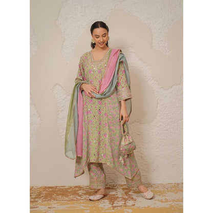 NEMAANI Nayra Green A-Line Kurta with Pant and Dupatta