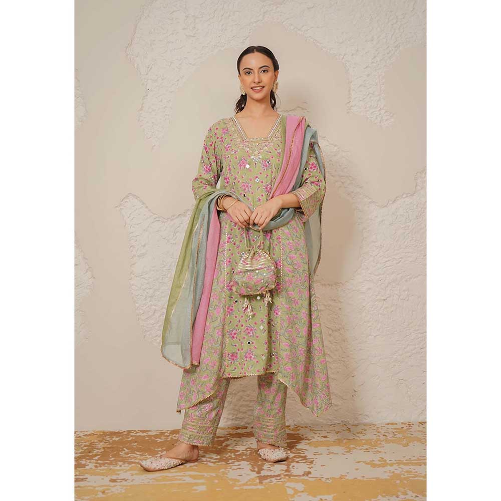 NEMAANI Nayra Green A-Line Kurta with Pant and Dupatta