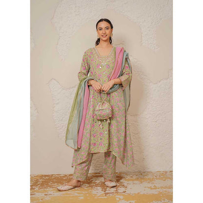 NEMAANI Nayra Green A-Line Kurta with Pant and Dupatta