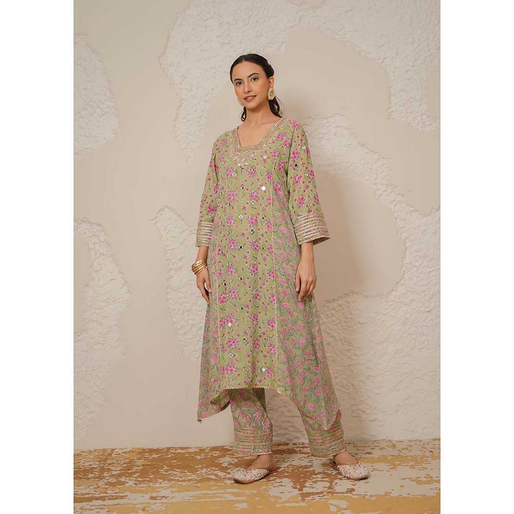 NEMAANI Nayra Green A-Line Kurta with Pant and Dupatta