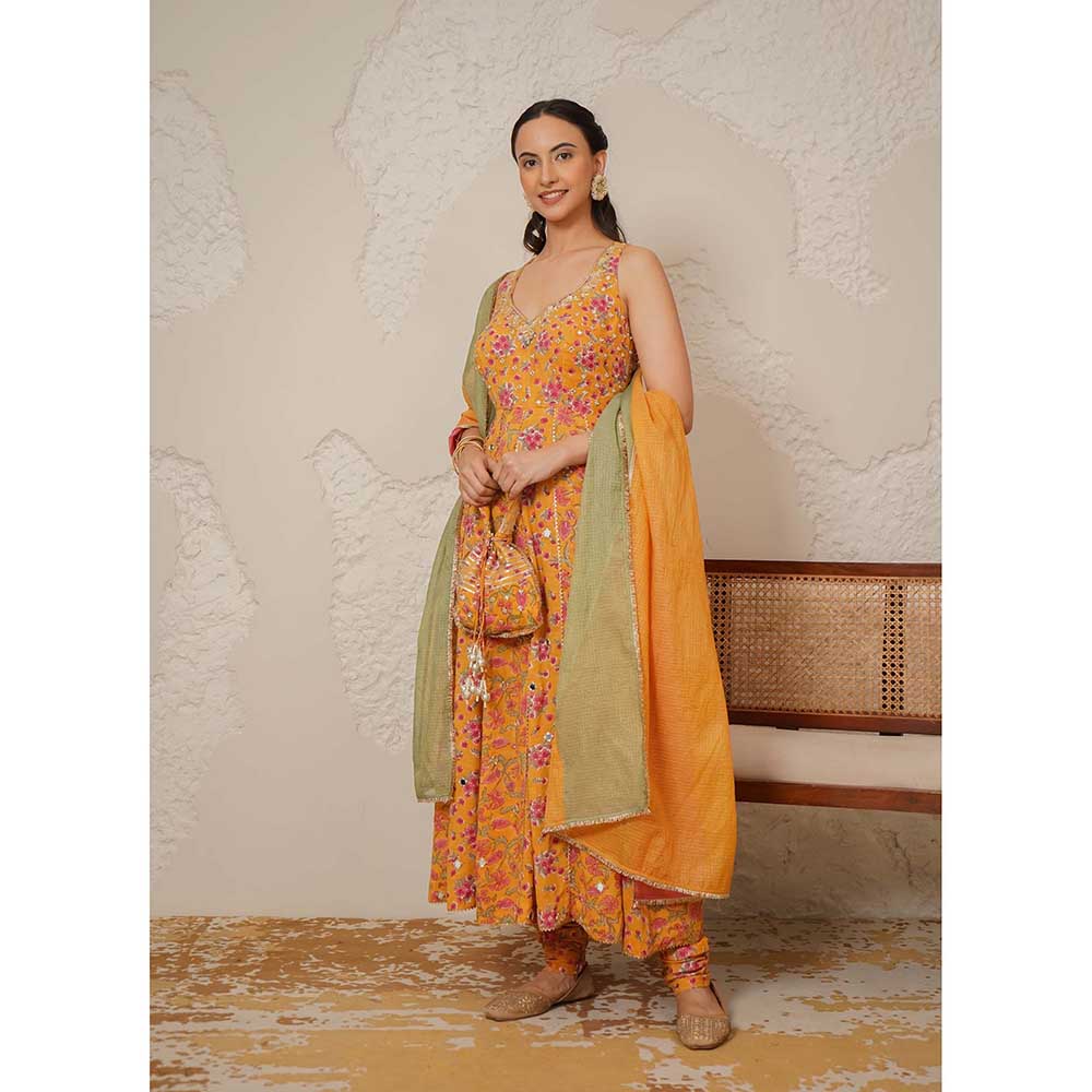 NEMAANI Naaz Yellow Anarkali with Churidar and Dupatta