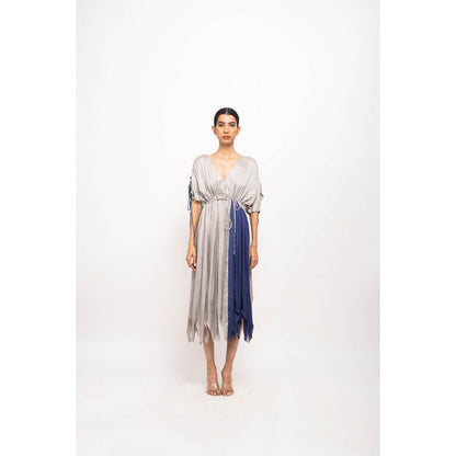 NEORA BY NEHAL CHOPRA Grey & Blue Angrakha Midi Dress