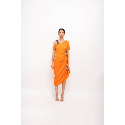 NEORA BY NEHAL CHOPRA Orange & Blue Rouching Midi Dress