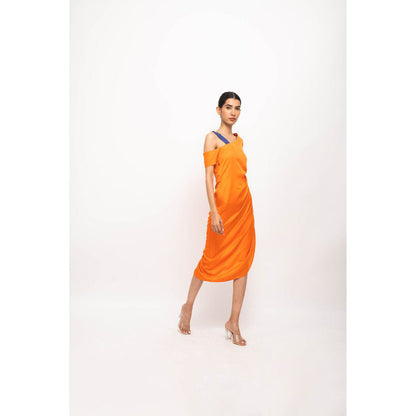 NEORA BY NEHAL CHOPRA Orange & Blue Rouching Midi Dress