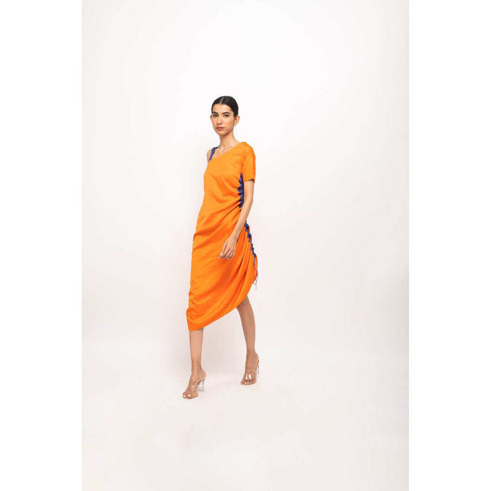 NEORA BY NEHAL CHOPRA Orange & Blue Rouching Midi Dress