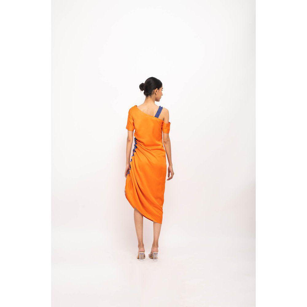 NEORA BY NEHAL CHOPRA Orange & Blue Rouching Midi Dress