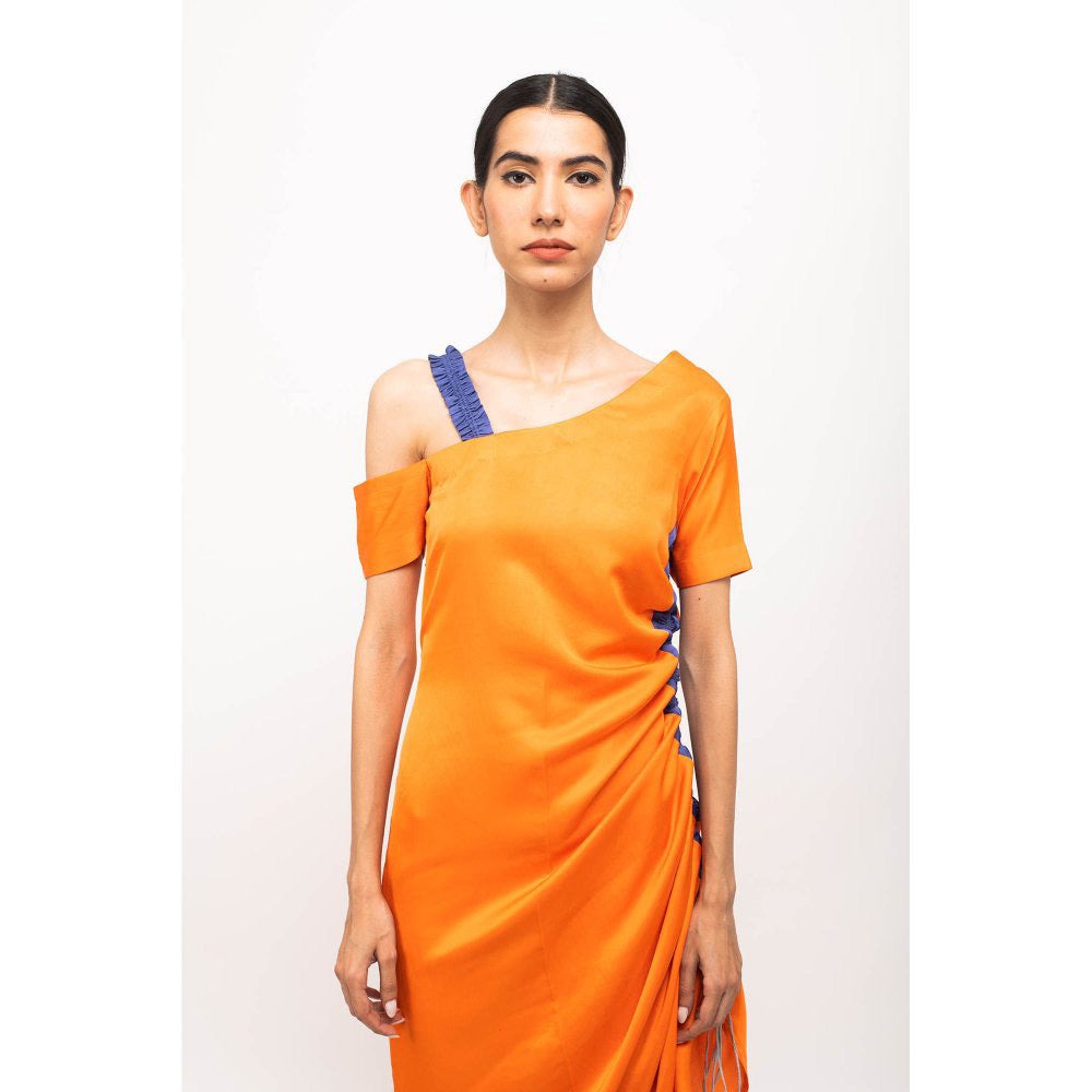 NEORA BY NEHAL CHOPRA Orange & Blue Rouching Midi Dress