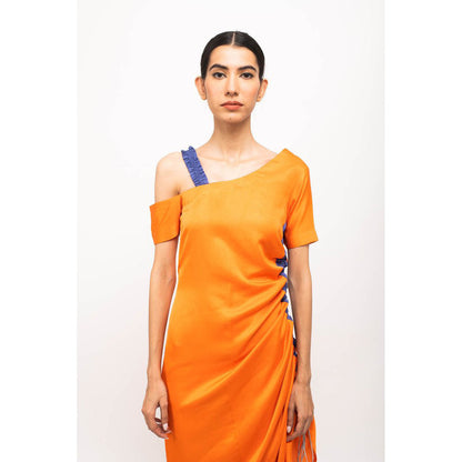 NEORA BY NEHAL CHOPRA Orange & Blue Rouching Midi Dress