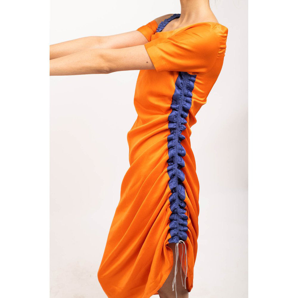 NEORA BY NEHAL CHOPRA Orange & Blue Rouching Midi Dress
