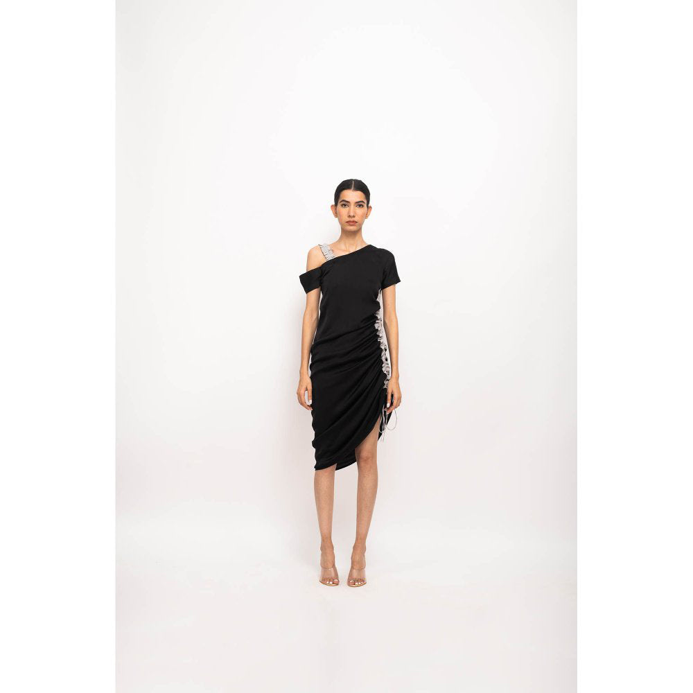 NEORA BY NEHAL CHOPRA Black & Grey Rouching Midi Dress