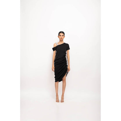NEORA BY NEHAL CHOPRA Black & Grey Rouching Midi Dress