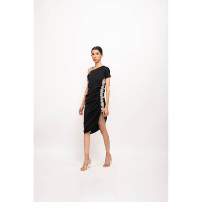 NEORA BY NEHAL CHOPRA Black & Grey Rouching Midi Dress