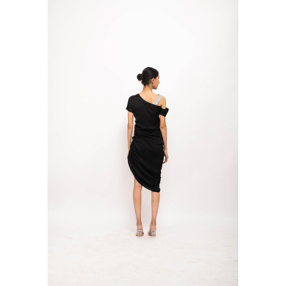 NEORA BY NEHAL CHOPRA Black & Grey Rouching Midi Dress