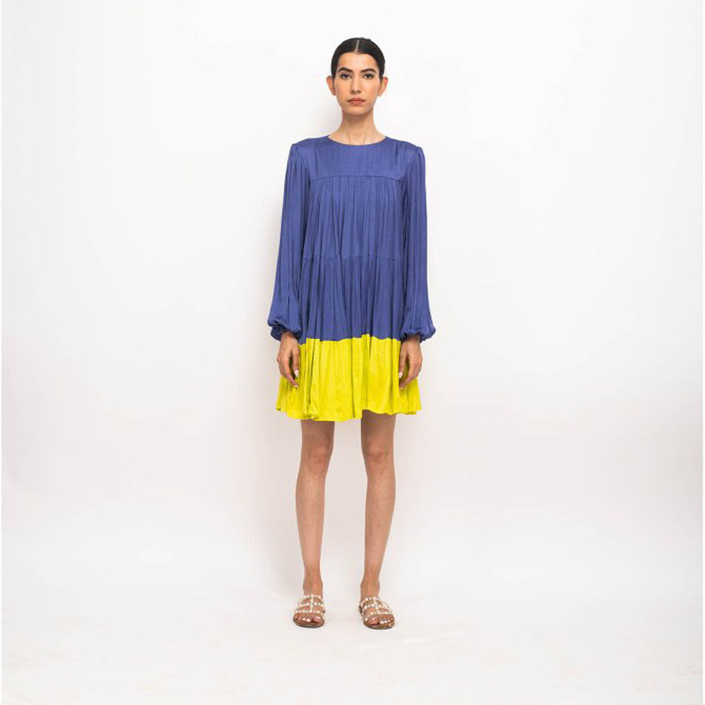 NEORA BY NEHAL CHOPRA Navy Blue & Yellow Gather Short Mini Dress