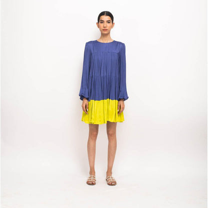 NEORA BY NEHAL CHOPRA Navy Blue & Yellow Gather Short Mini Dress