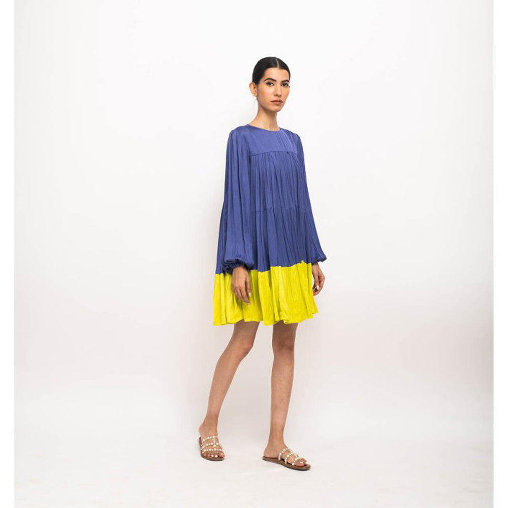NEORA BY NEHAL CHOPRA Navy Blue & Yellow Gather Short Mini Dress