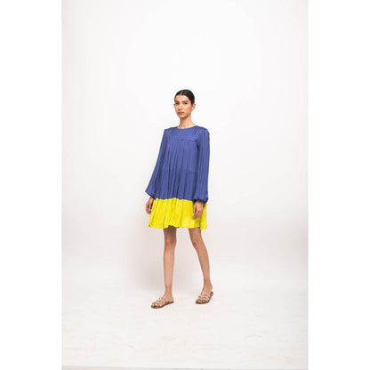 NEORA BY NEHAL CHOPRA Navy Blue & Yellow Gather Short Mini Dress