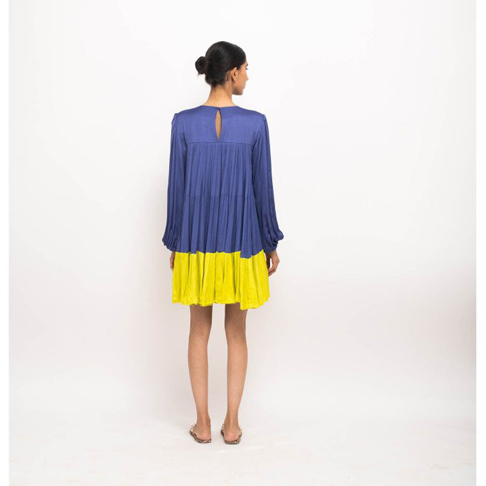 NEORA BY NEHAL CHOPRA Navy Blue & Yellow Gather Short Mini Dress