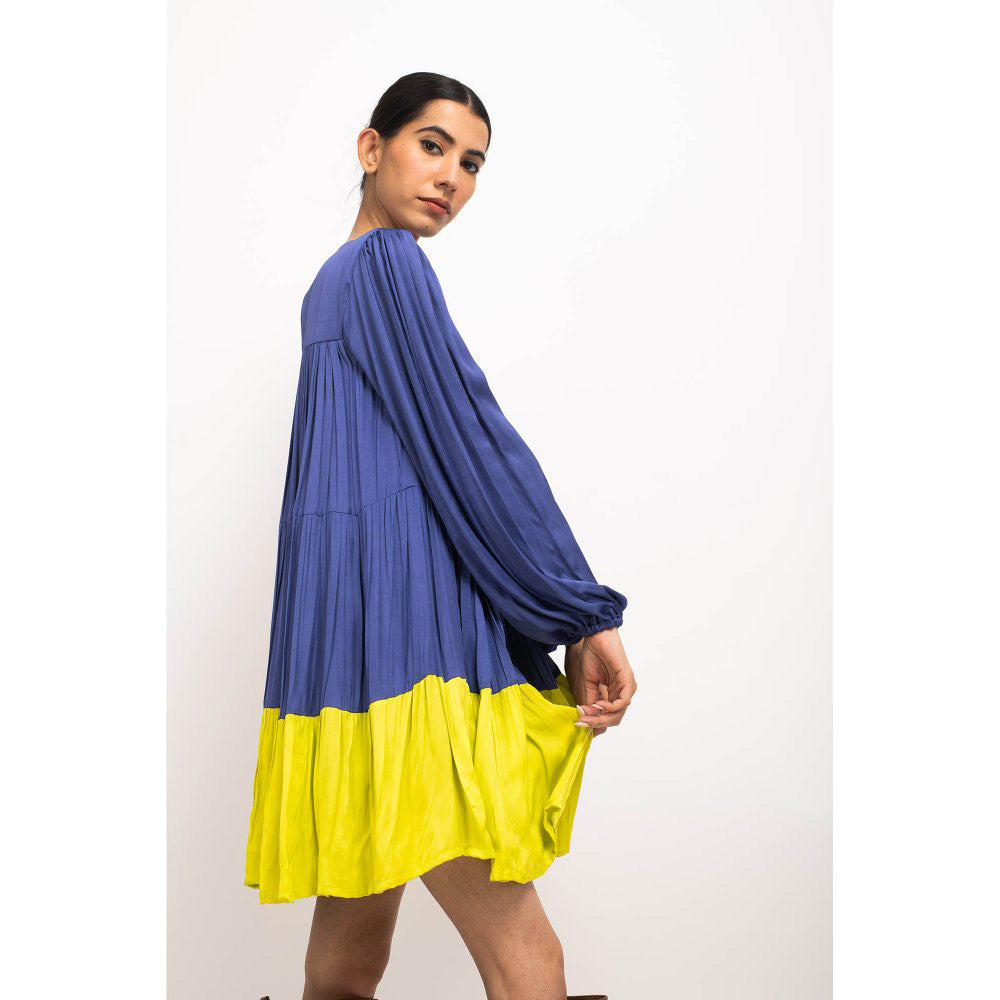 NEORA BY NEHAL CHOPRA Navy Blue & Yellow Gather Short Mini Dress