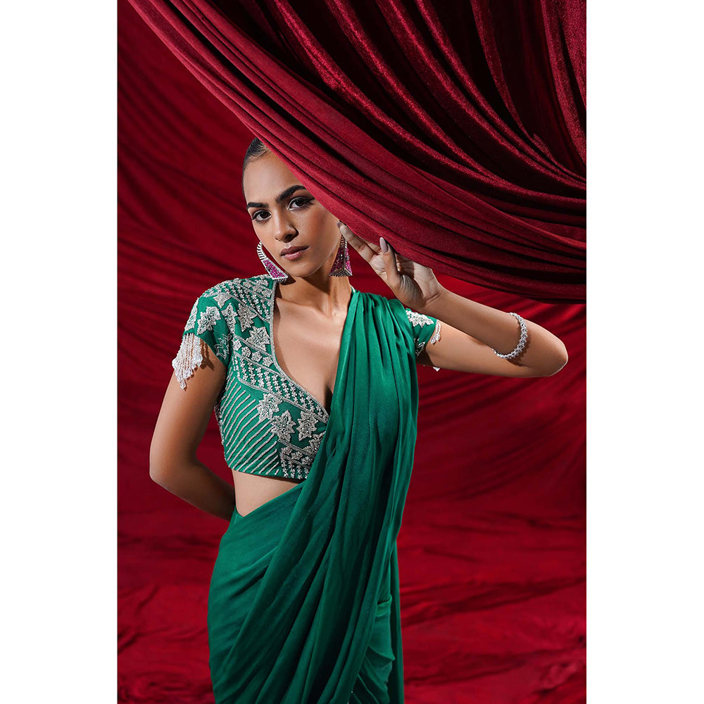 Nidhi Gupta Designs Green Eva Pre-Draped Saree with Stitched Blouse
