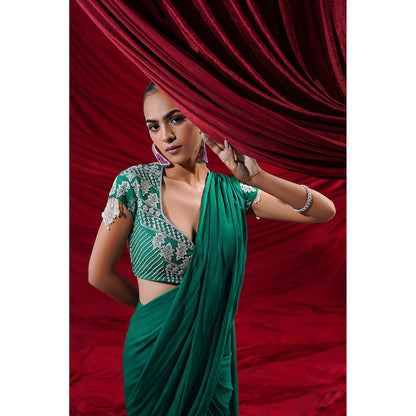 Nidhi Gupta Designs Green Eva Pre-Draped Saree with Stitched Blouse