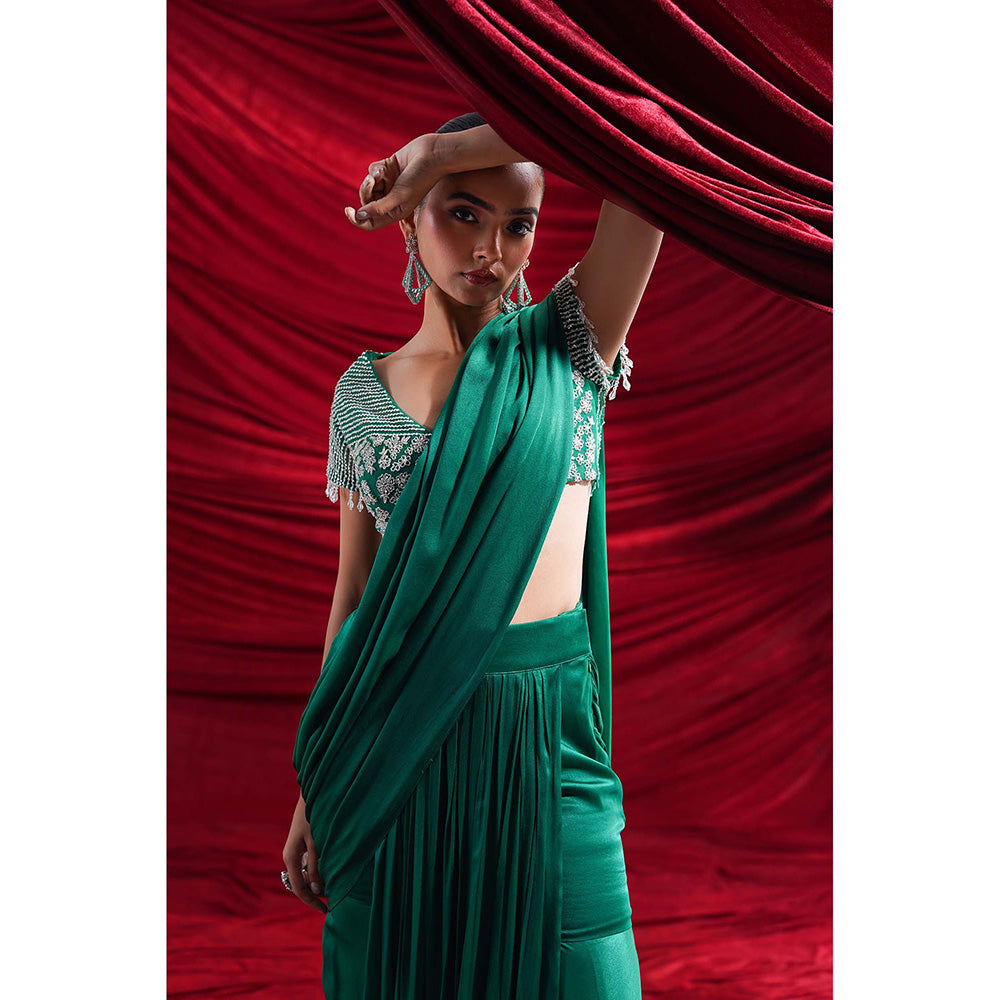 Nidhi Gupta Designs Green Elle Pre-Draped Saree with Stitched Blouse
