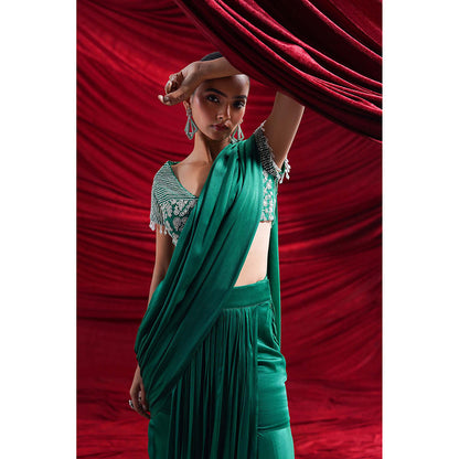 Nidhi Gupta Designs Green Elle Pre-Draped Saree with Stitched Blouse