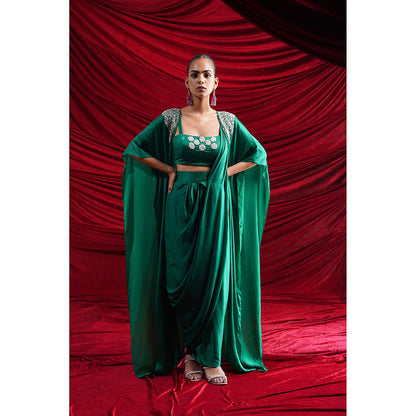 Nidhi Gupta Designs Green Siyash Pre- Drape Saree with Bralette and Cape