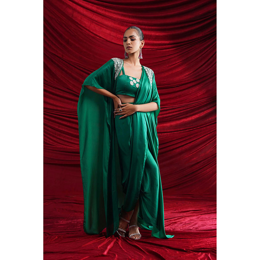 Nidhi Gupta Designs Green Siyash Pre- Drape Saree with Bralette and Cape