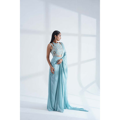 Nidhi Gupta Designs Blue Sheesh Pre-Draped Saree with Stitched Blouse