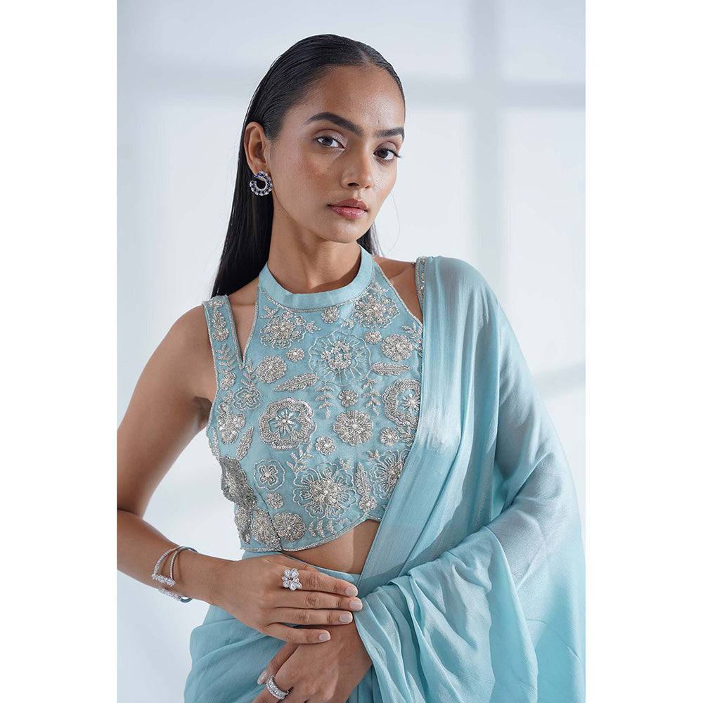 Nidhi Gupta Designs Blue Sheesh Pre-Draped Saree with Stitched Blouse
