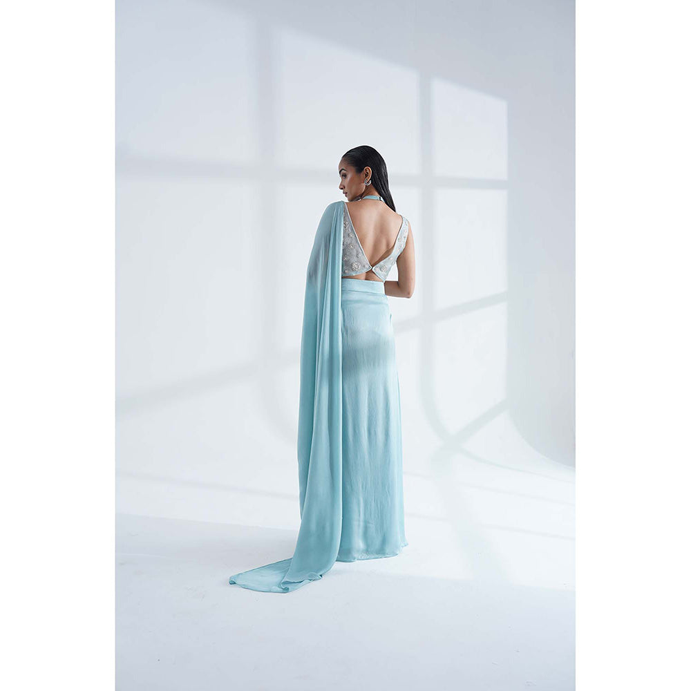 Nidhi Gupta Designs Blue Sheesh Pre-Draped Saree with Stitched Blouse