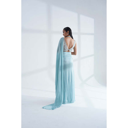 Nidhi Gupta Designs Blue Sheesh Pre-Draped Saree with Stitched Blouse