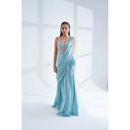 Nidhi Gupta Designs Blue Kia Pre-Draped Saree with Stitched Blouse
