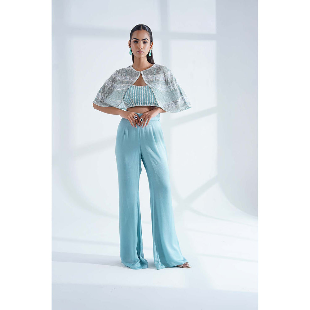 Nidhi Gupta Designs Blue Alaya Cape with Bralette and Pant (Set of 3)