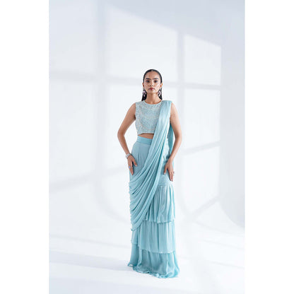 Nidhi Gupta Designs Blue Elysia Pre-Draped Saree with Stitched Blouse