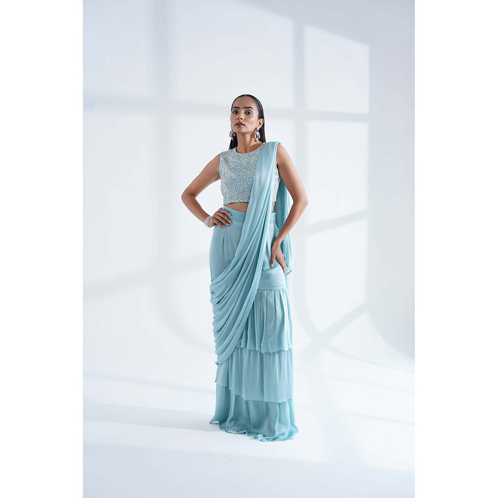 Nidhi Gupta Designs Blue Elysia Pre-Draped Saree with Stitched Blouse