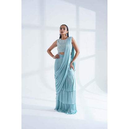 Nidhi Gupta Designs Blue Elysia Pre-Draped Saree with Stitched Blouse