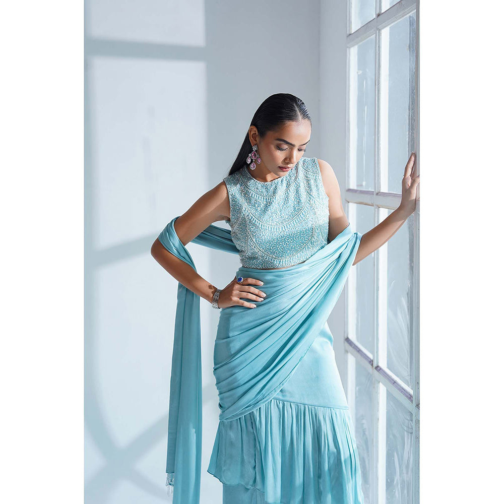 Nidhi Gupta Designs Blue Elysia Pre-Draped Saree with Stitched Blouse