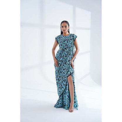 Nidhi Gupta Designs Blue Aura Pre-Draped Saree with Stitched Blouse