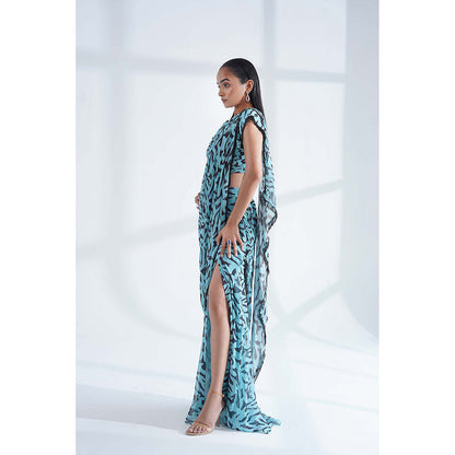 Nidhi Gupta Designs Blue Aura Pre-Draped Saree with Stitched Blouse