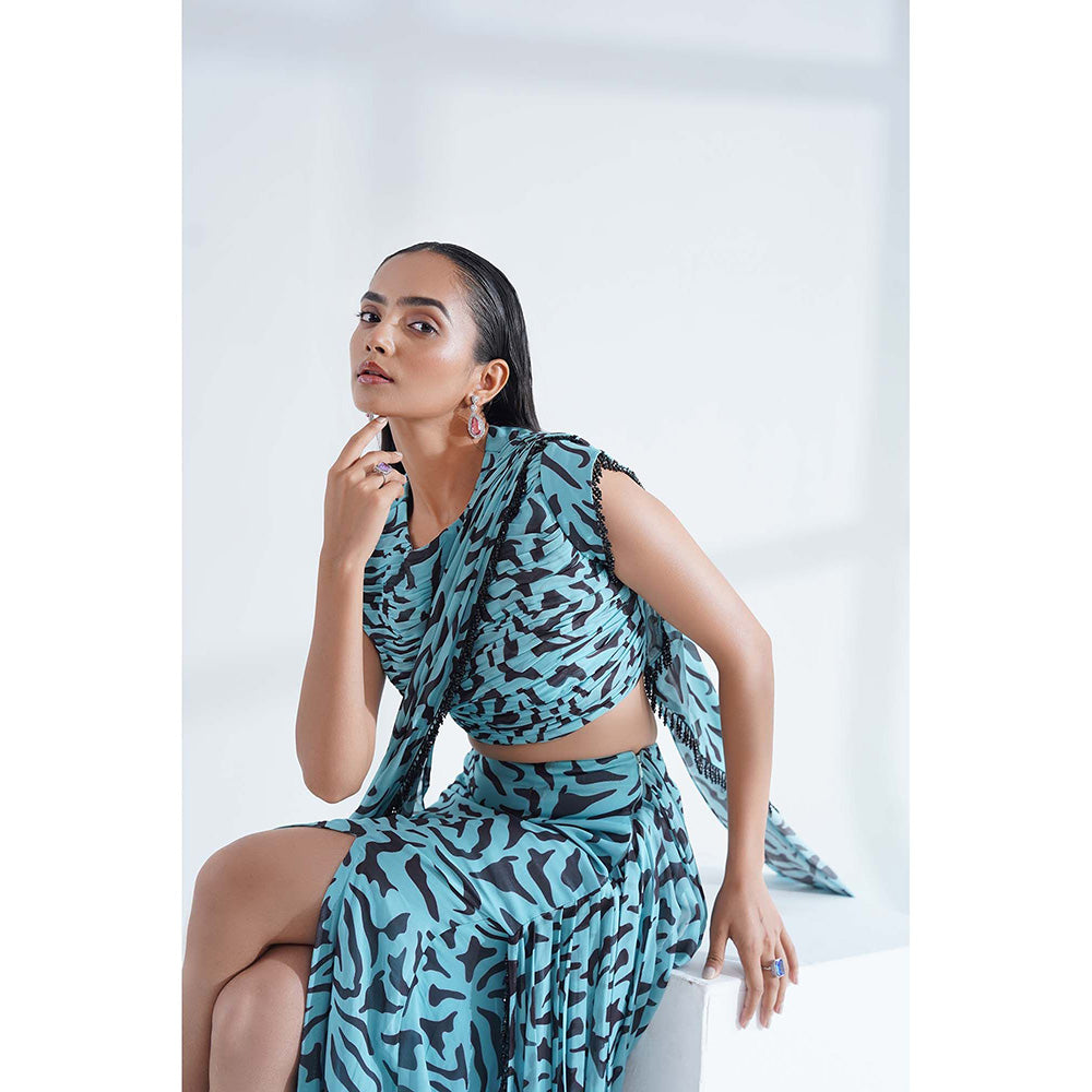 Nidhi Gupta Designs Blue Aura Pre-Draped Saree with Stitched Blouse