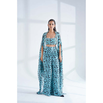 Nidhi Gupta Designs Blue Neu Cape with Bralette and Pant (Set of 3)