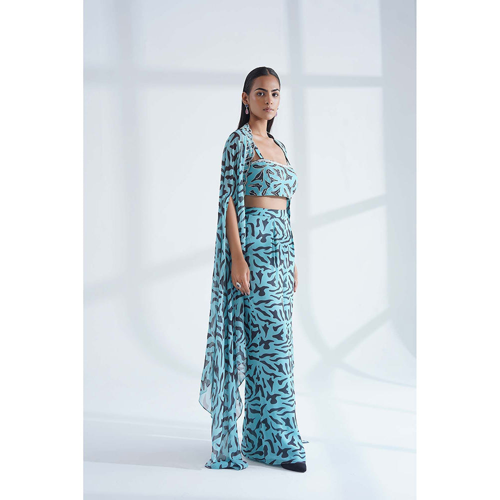 Nidhi Gupta Designs Blue Neu Cape with Bralette and Pant (Set of 3)