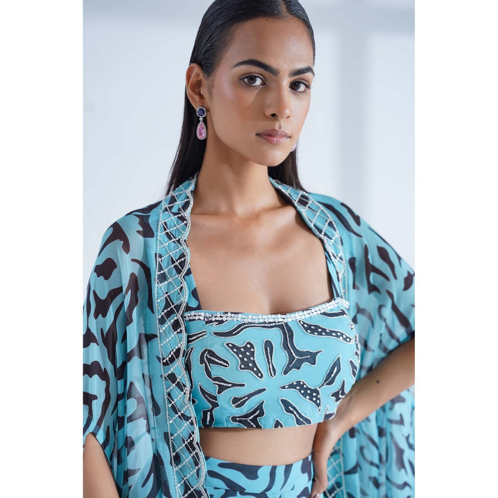 Nidhi Gupta Designs Blue Neu Cape with Bralette and Pant (Set of 3)