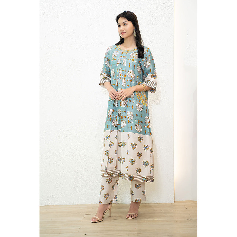 Nidhii Goyal Blue A Line Dual Print Bagh Kurta with Pant (Set of 2)
