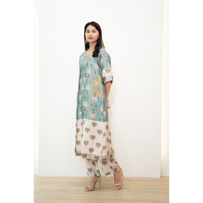 Nidhii Goyal Blue A Line Dual Print Bagh Kurta with Pant (Set of 2)