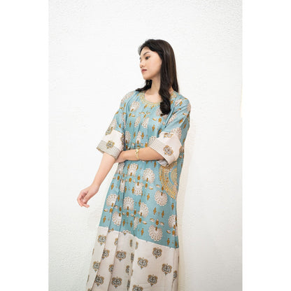 Nidhii Goyal Blue A Line Dual Print Bagh Kurta with Pant (Set of 2)